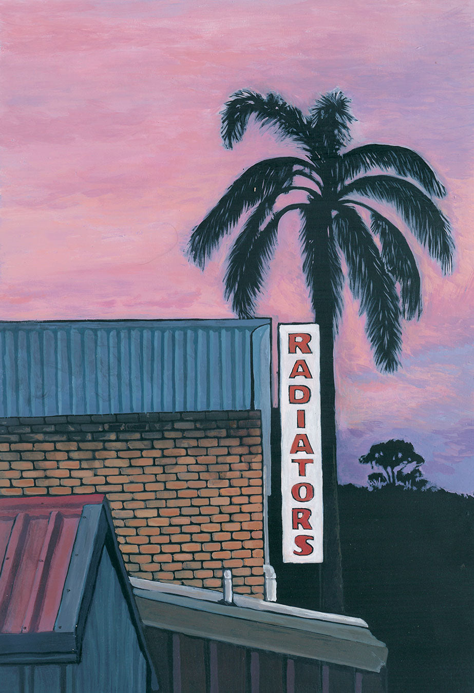 Josh Galletly Art. Painitng of a palm tree and tin roofs at dusk in Lismore, NSW. Acrylic on Plywood 285 x 417mm