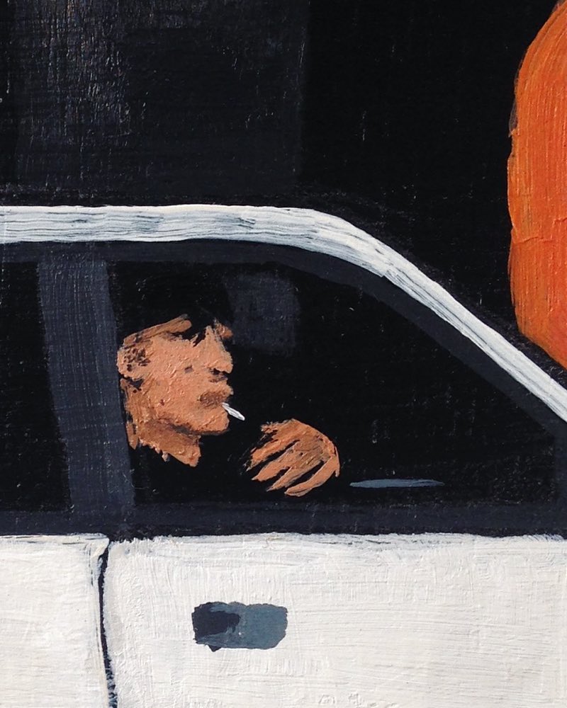 Josh Galletly Art. Crop from a painitng of a bloke smoking a ciggarette in his car after he's just washed it at Carlovers in Lismore. Acrylic on Plywood 285 x 417mm