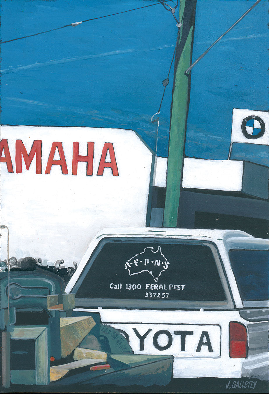 Josh Galletly Artwork. Painitng of an Australia Feral Pest Management Services Toyata Hilux driving past a Yamaha and BMW garage in Ballina, NSW. Acrylic on Plywood 285 x 417mm