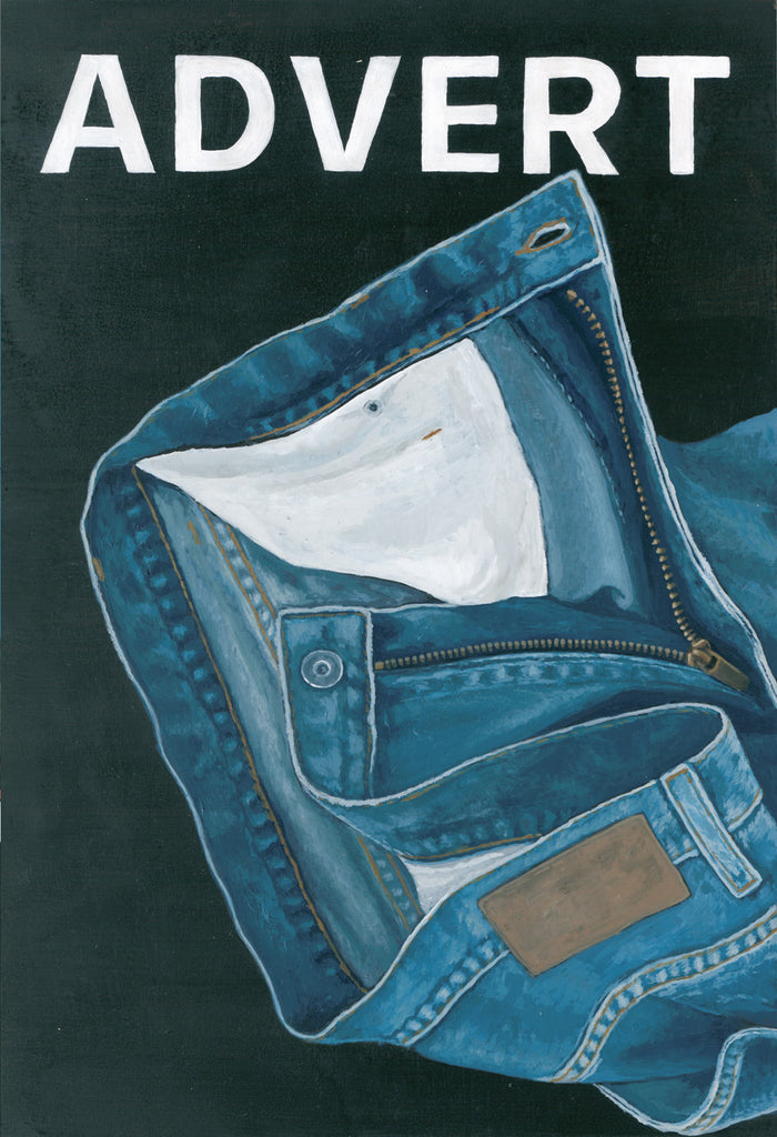 Josh Galletly Art. Painitng of an advert for a pair of unbranded denim jeans. Acrylic on Plywood 285 x 417mm
